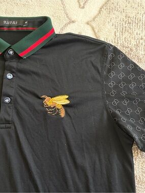 Black Button up Polo Shirt with Gold Bee and Green-Red Trim Size XL